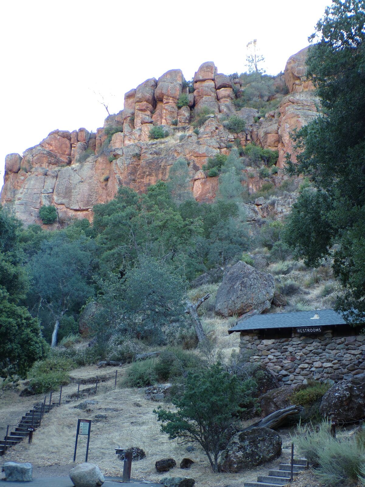 Rock spires and restroom building at Pinnacles National Park
