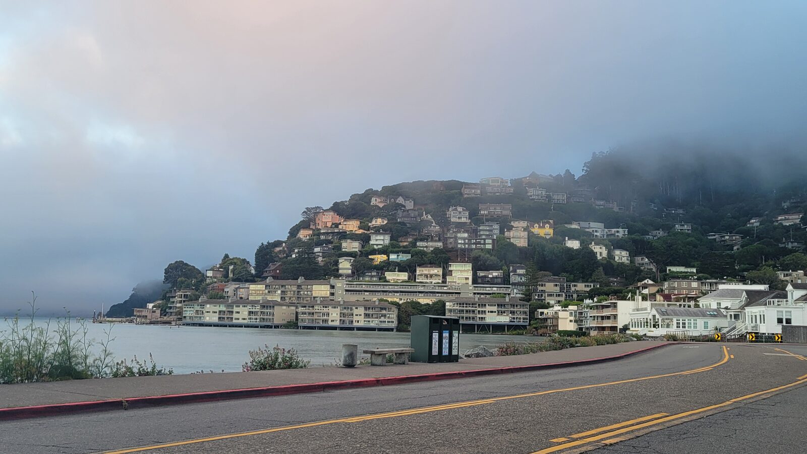Hillside houses overlooking the water in Sausalito under fog